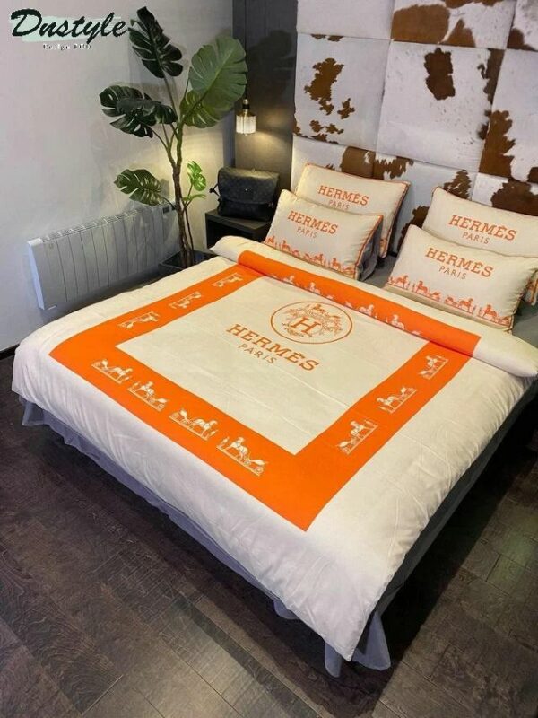 Hermes Paris Logo Brand Bedding Set Luxury Bedspread Bedroom Home Decor