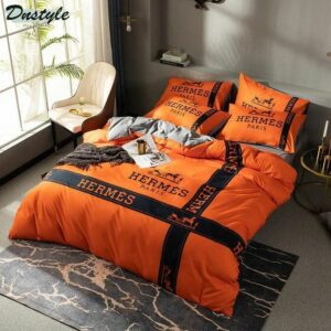 Hermes Paris Logo Brand Bedding Set Bedspread Bedroom Luxury Home Decor