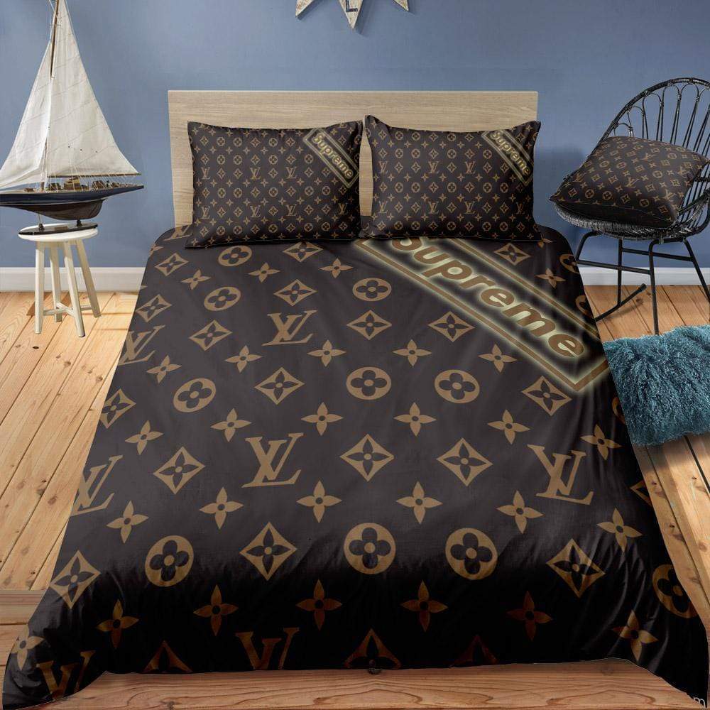 Louis Vuitton Supreme Brown Logo Brand Bedding Set Luxury Bedspread Bedroom Home Decor