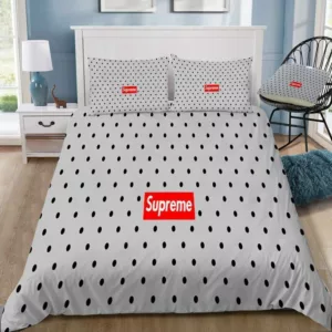 Louis Vuitton Supreme Light Grey Logo Brand Bedding Set Bedroom Home Decor Bedspread Luxury