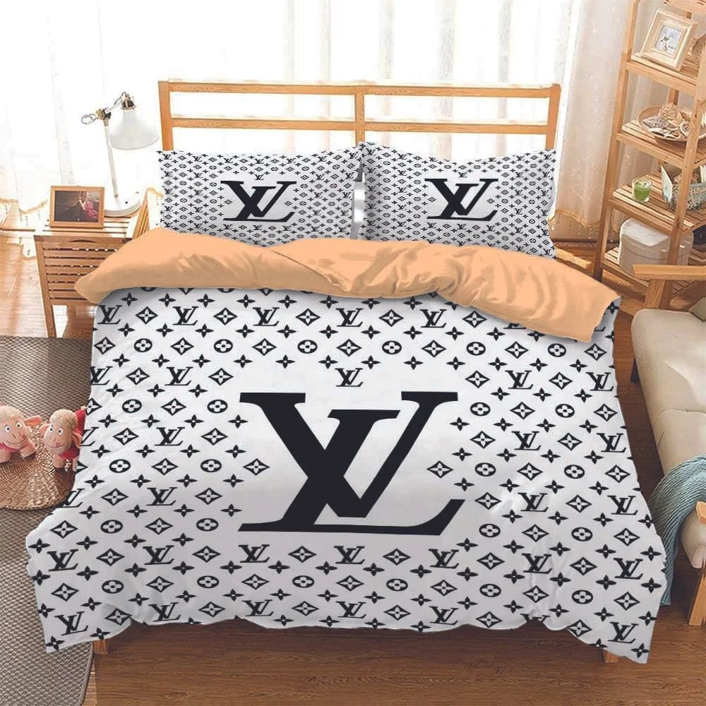 Louis Vuitton White Logo Brand Bedding Set Luxury Home Decor Bedspread Bedroom