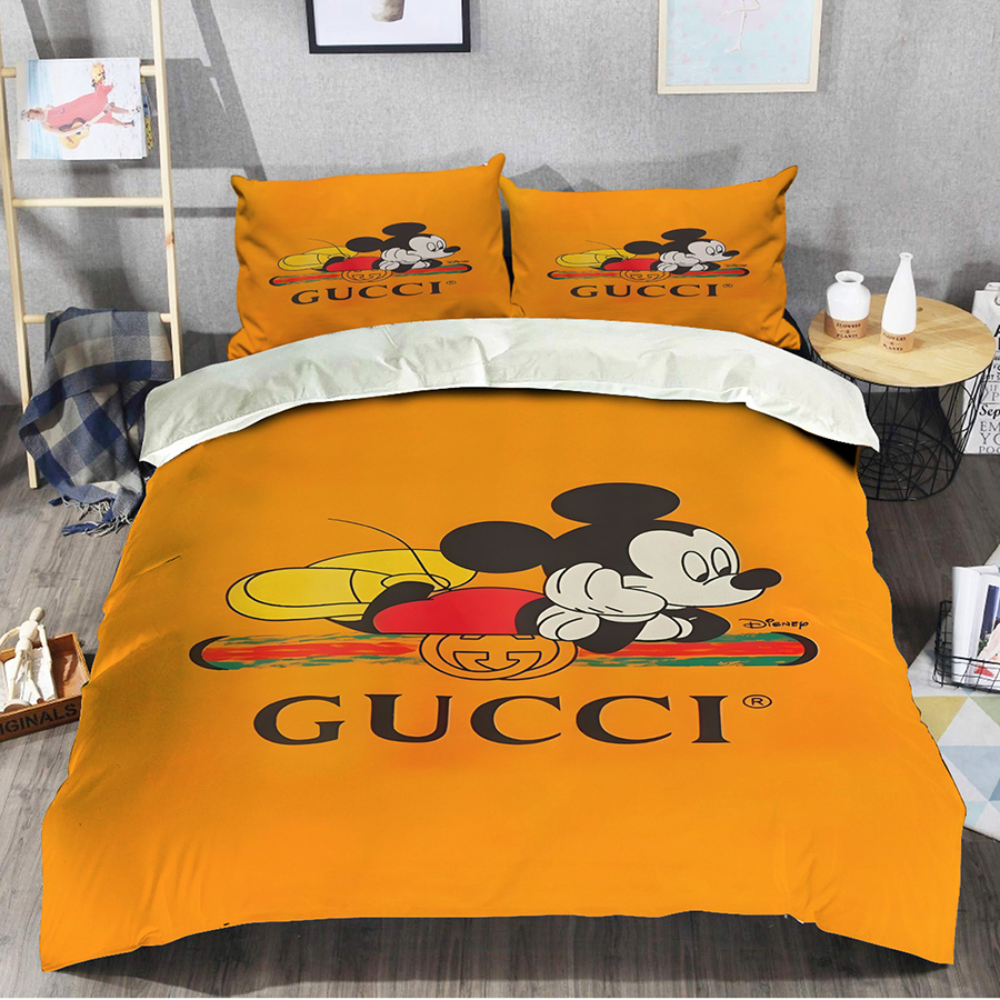 Gucci Orange Mickey Logo Brand Bedding Set Home Decor Bedroom Luxury Bedspread