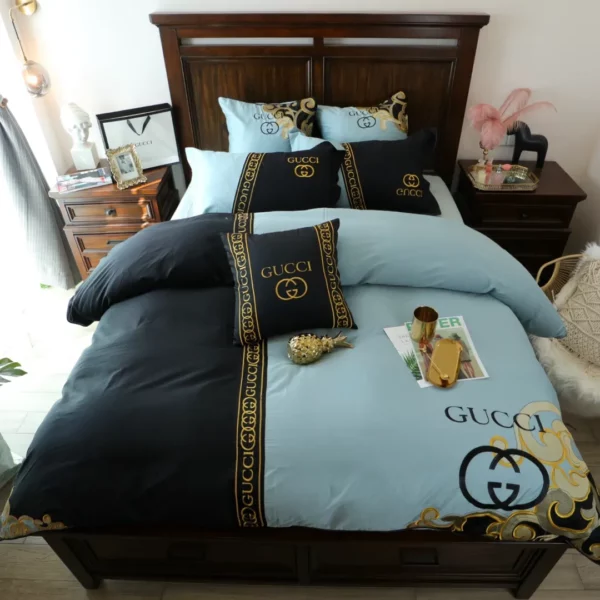 Gucci Black And Blue Logo Brand Bedding Set Home Decor Bedspread Bedroom Luxury