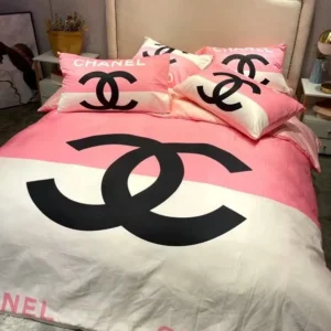 Chanel White Pinky Logo Brand Bedding Set Luxury Bedspread Bedroom Home Decor