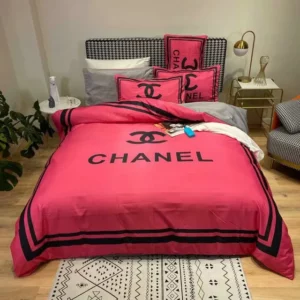 Chanel Red Logo Brand Bedding Set Bedroom Luxury Home Decor Bedspread