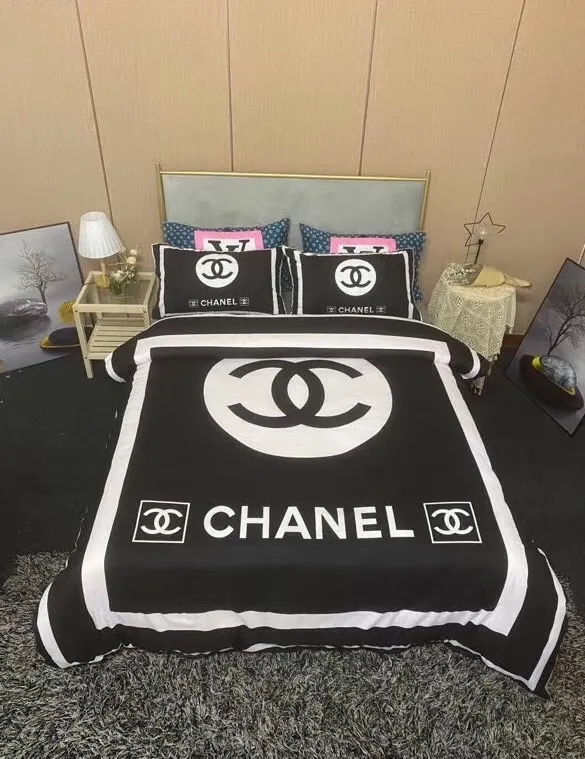 Chanel Black And White Logo Brand Bedding Set Bedspread Home Decor Luxury Bedroom