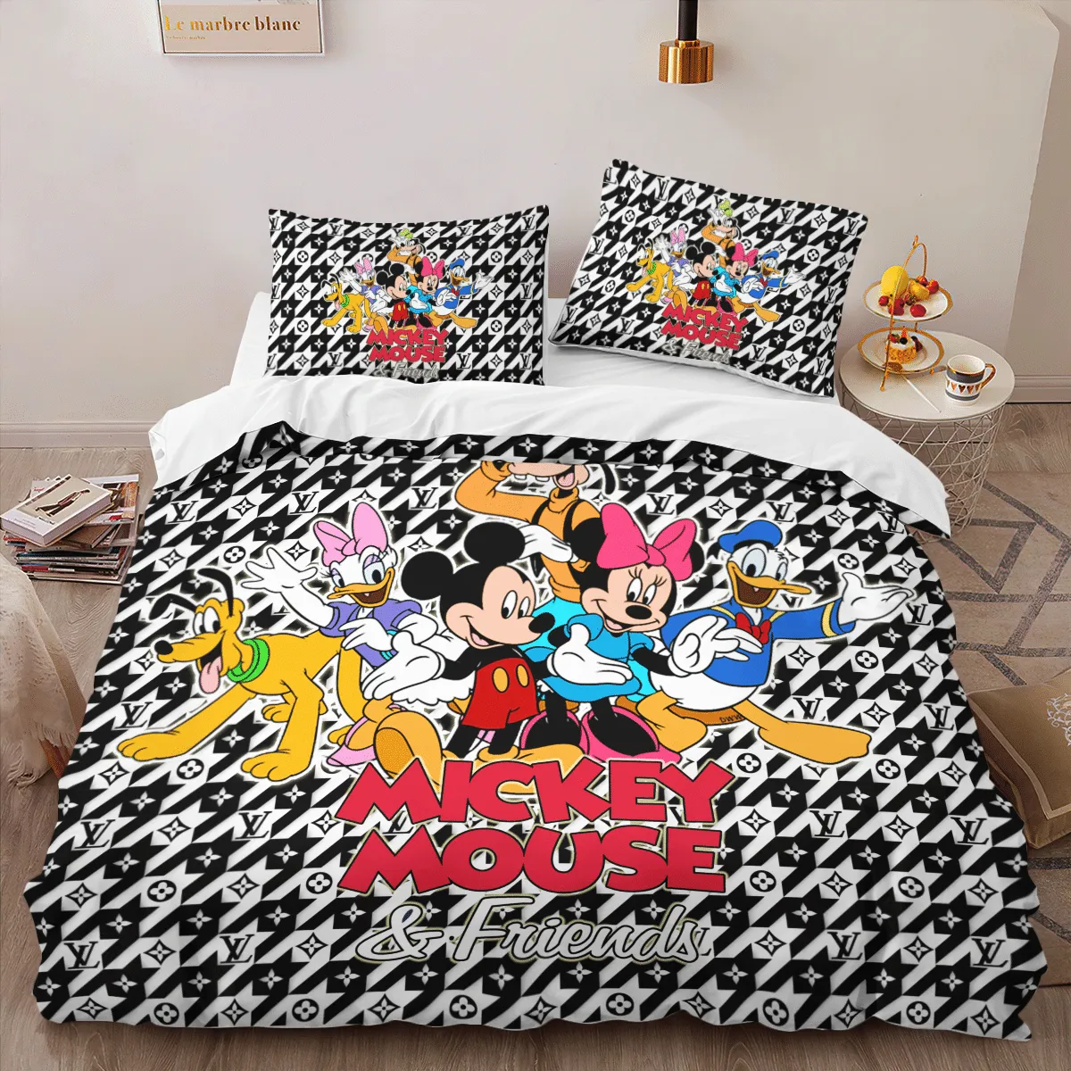 Louis Vuitton Mickey Mouse Logo Brand Bedding Set Bedspread Luxury Bedroom Home Decor