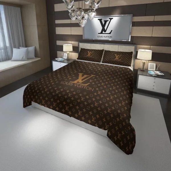 Louis Vuitton Brown Logo Brand Bedding Set Luxury Bedroom Bedspread Home Decor