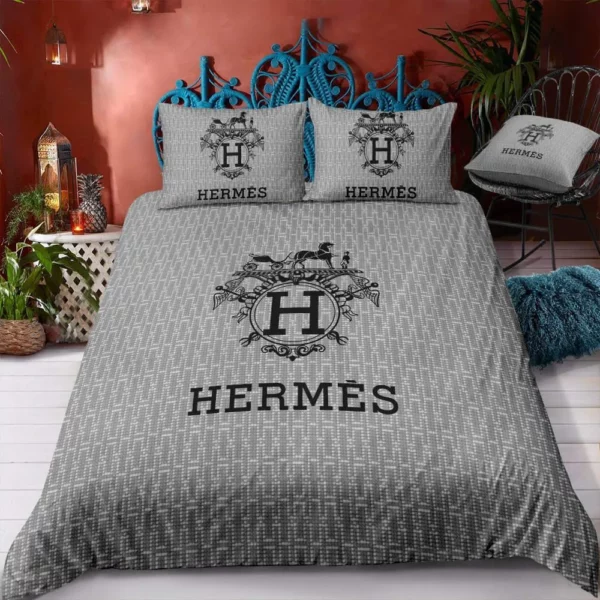 Hermes Grey Logo Brand Bedding Set Luxury Bedspread Home Decor Bedroom