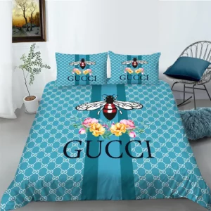 Gucci Bee Flowers Blue Logo Brand Bedding Set Bedroom Bedspread Home Decor Luxury