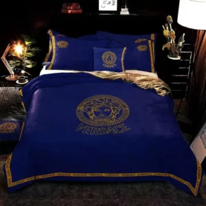 Versace Navy Blue Logo Brand Bedding Set Home Decor Luxury Bedspread Bedroom