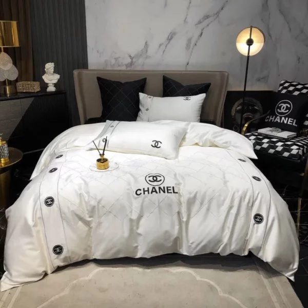 Chanel White Logo Brand Bedding Set Bedroom Bedspread Luxury Home Decor