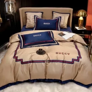 Gucci Beige Navy Logo Brand Bedding Set Luxury Bedspread Home Decor Bedroom