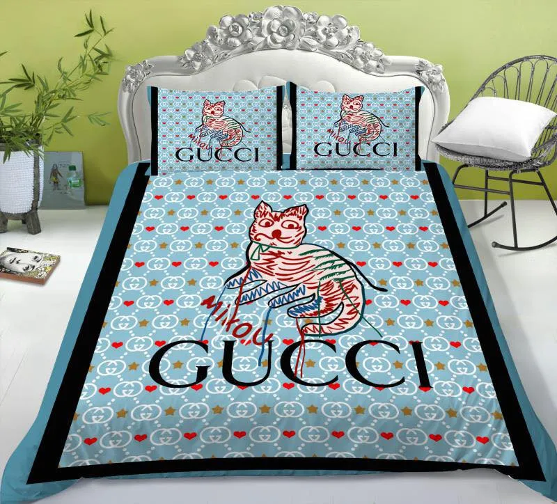 Gucci Cat Logo Brand Bedding Set Home Decor Luxury Bedroom Bedspread