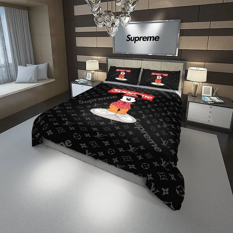 Louis Vuitton Supreme Mickey French Logo Brand Bedding Set Luxury Bedspread Home Decor Bedroom