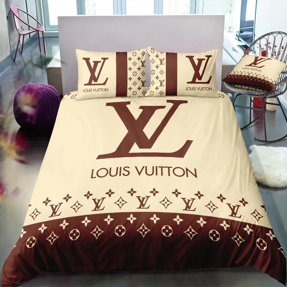 Louis Vuitton Logo Brand Bedding Set Bedroom Bedspread Home Decor Luxury