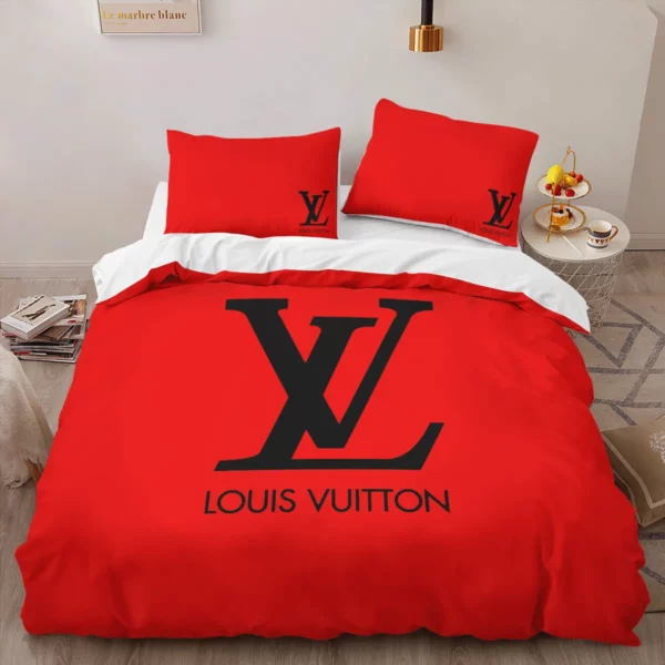 Louis Vuitton Red Louis Vuitton Logo Brand Bedding Set Home Decor Bedspread Luxury Bedroom