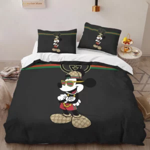 Gucci Mickey Black Logo Brand Bedding Set Bedspread Home Decor Bedroom Luxury