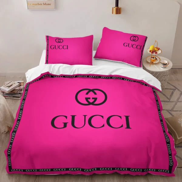 Gucci Pinky Logo Brand Bedding Set Home Decor Bedspread Bedroom Luxury