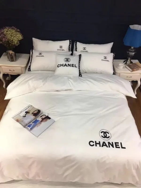 Chanel White Logo Brand Bedding Set Luxury Bedroom Bedspread Home Decor