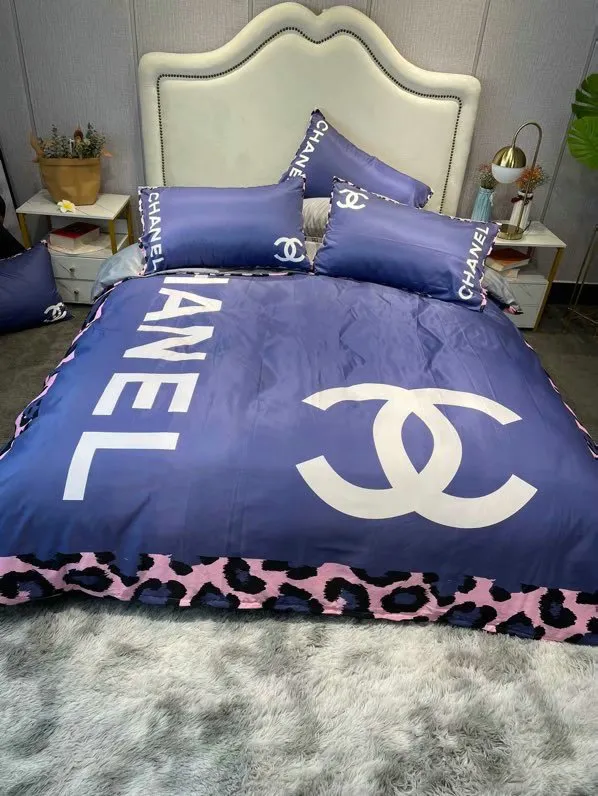 Chanel Blue Logo Brand Bedding Set Home Decor Bedspread Luxury Bedroom