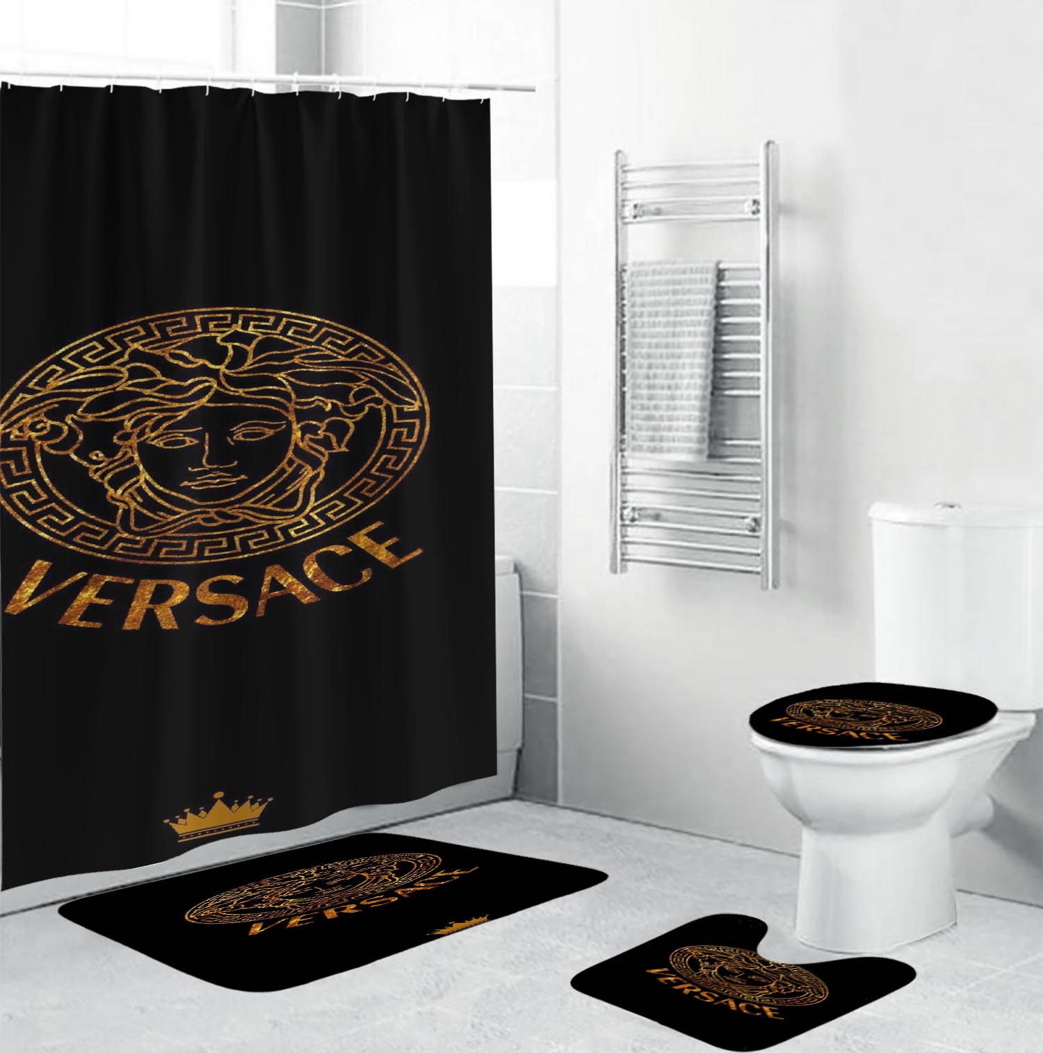 Versace Golden Glitterin Black Bathroom Set Luxury Fashion Brand Bath Mat Home Decor Hypebeast