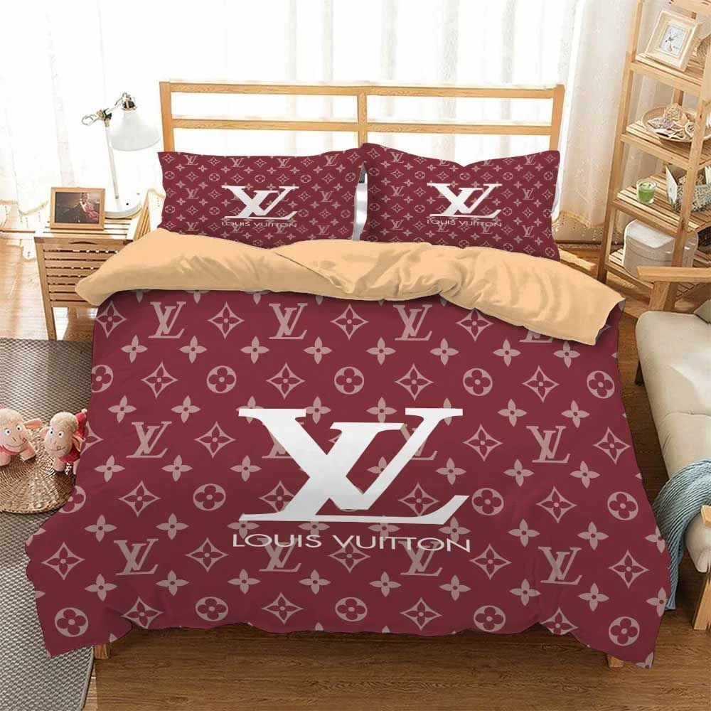 Louis Vuitton Red Logo Brand Bedding Set Bedroom Bedspread Luxury Home Decor