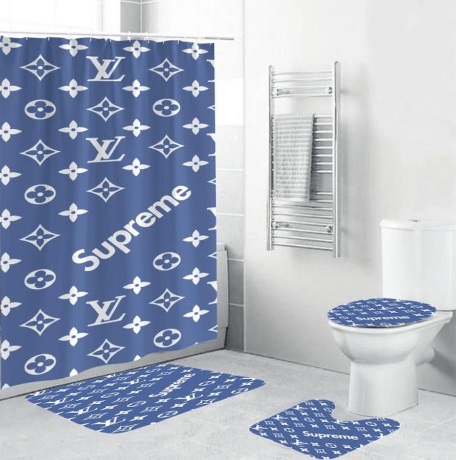 Louis Vuitton Supreme Blue Bathroom Set Bath Mat Home Decor Luxury Fashion Brand Hypebeast