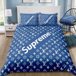 Louis Vuitton Supreme Blue Logo Brand Bedding Set Bedroom Luxury Home Decor Bedspread