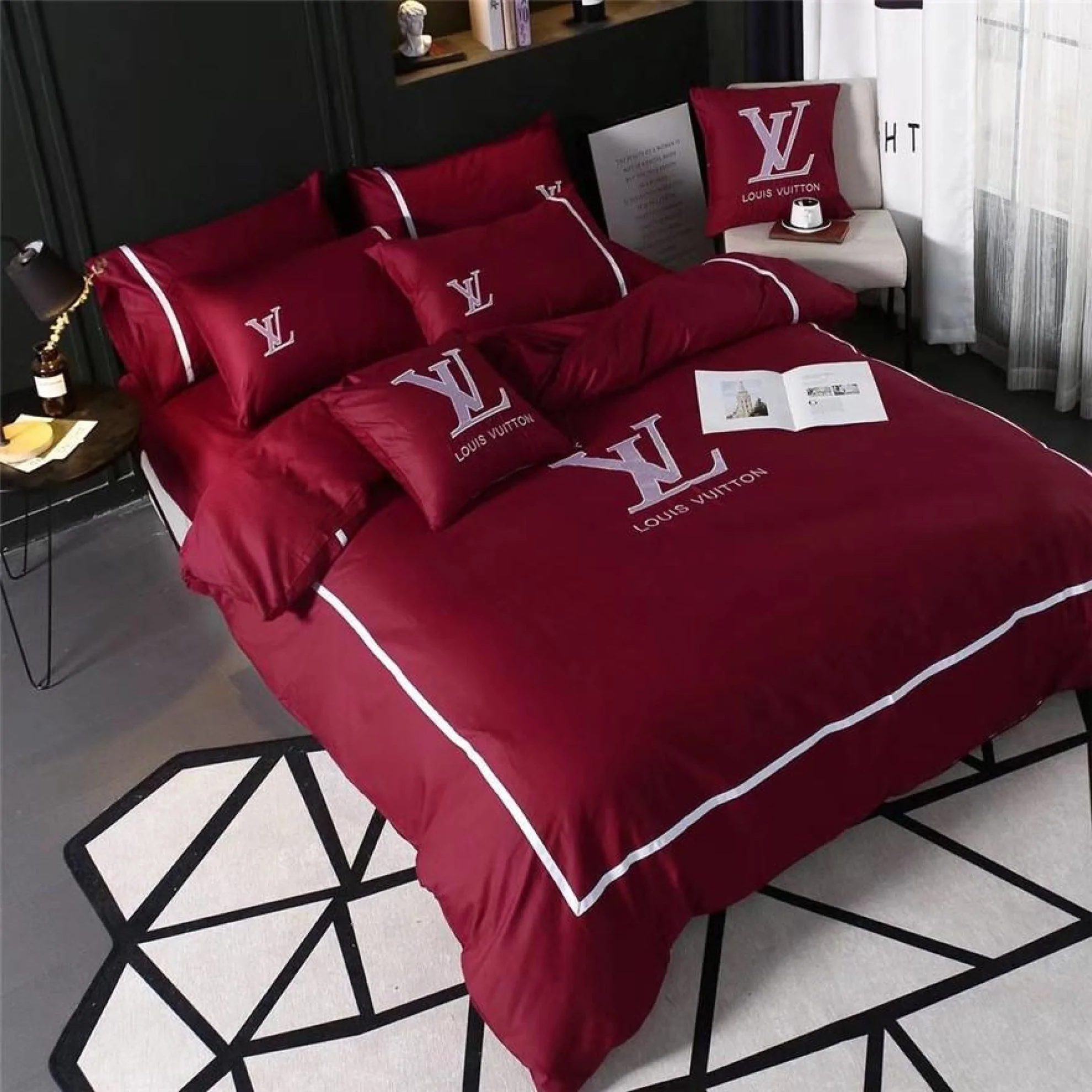 Louis Vuitton Red Logo Brand Bedding Set Bedspread Luxury Home Decor Bedroom