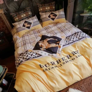 Burberry Checked Yellow Logo Brand Bedding Set Home Decor Luxury Bedroom Bedspread