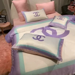 Chanel White Purple Logo Brand Bedding Set Home Decor Luxury Bedspread Bedroom