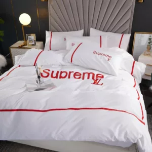 Louis Vuitton Supreme White Logo Brand Bedding Set Luxury Bedroom Home Decor Bedspread