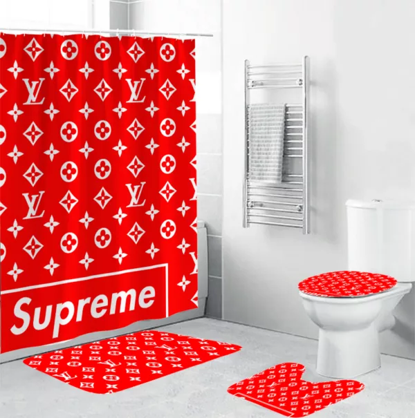 Louis Vuitton Supreme Red Bathroom Set Home Decor Luxury Fashion Brand Hypebeast Bath Mat