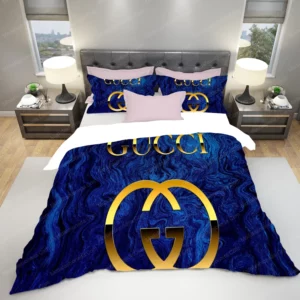 Gucci Word In Blue Background Hd Logo Brand Bedding Set Home Decor Bedspread Bedroom Luxury
