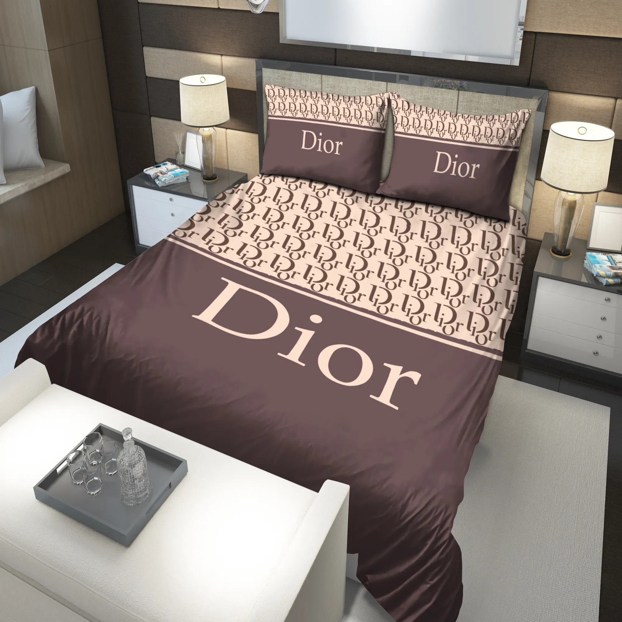 Dior Brown Logo Brand Bedding Set Bedspread Bedroom Luxury Home Decor