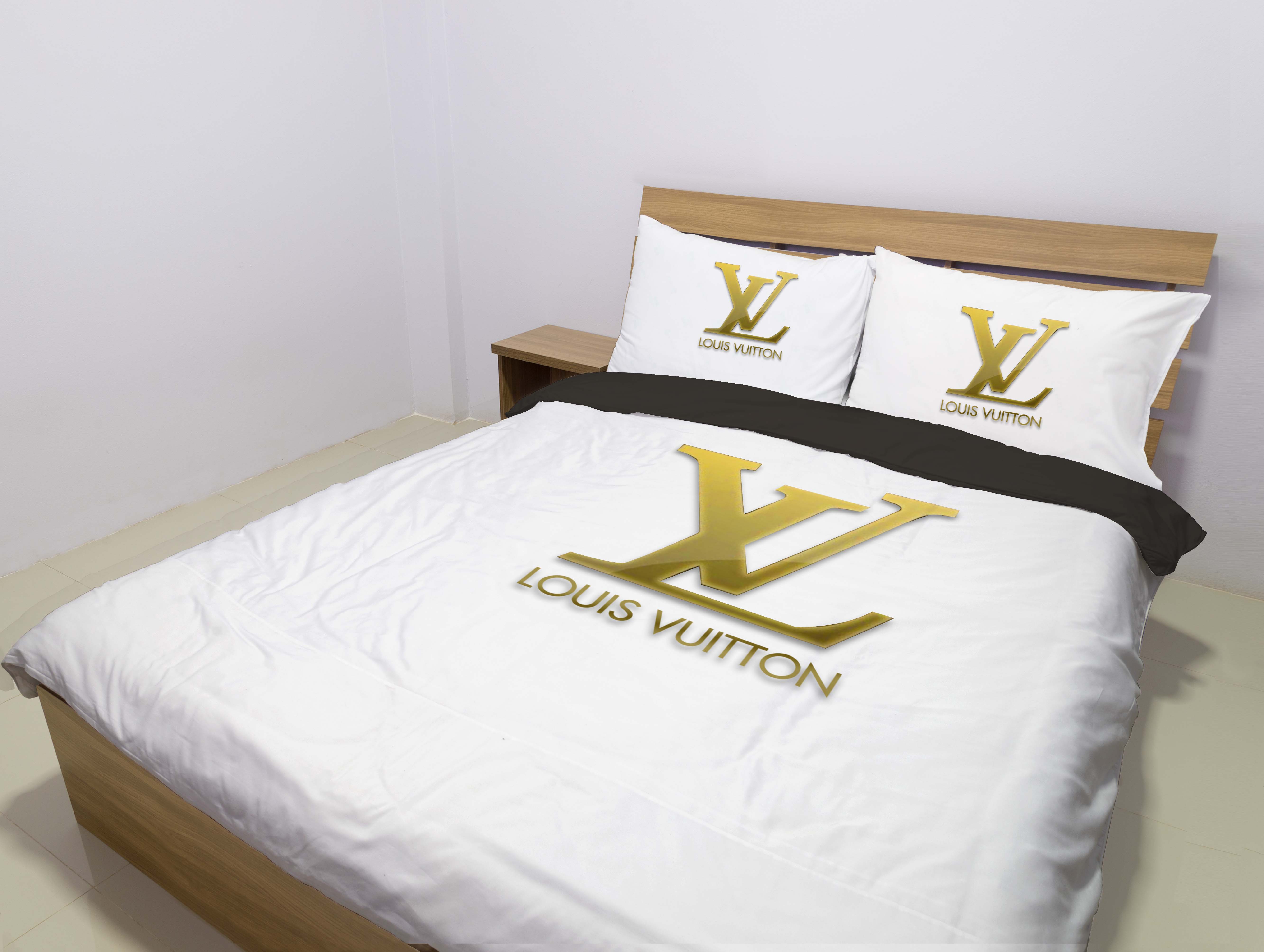 Louis Vuitton Golden Louis Vuitton Logo Brand Bedding Set Luxury Bedroom Bedspread Home Decor