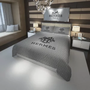 Hermes Paris Grey Logo Brand Bedding Set Luxury Bedspread Home Decor Bedroom