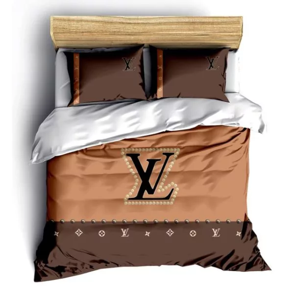 Louis Vuitton Brown Logo Brand Bedding Set Home Decor Bedspread Luxury Bedroom