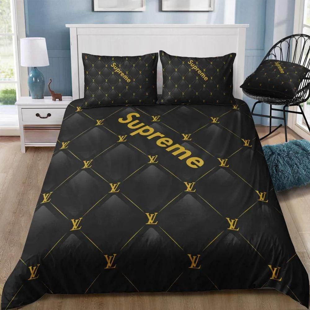 Louis Vuitton Supreme Black Logo Brand Bedding Set Bedspread Home Decor Luxury Bedroom