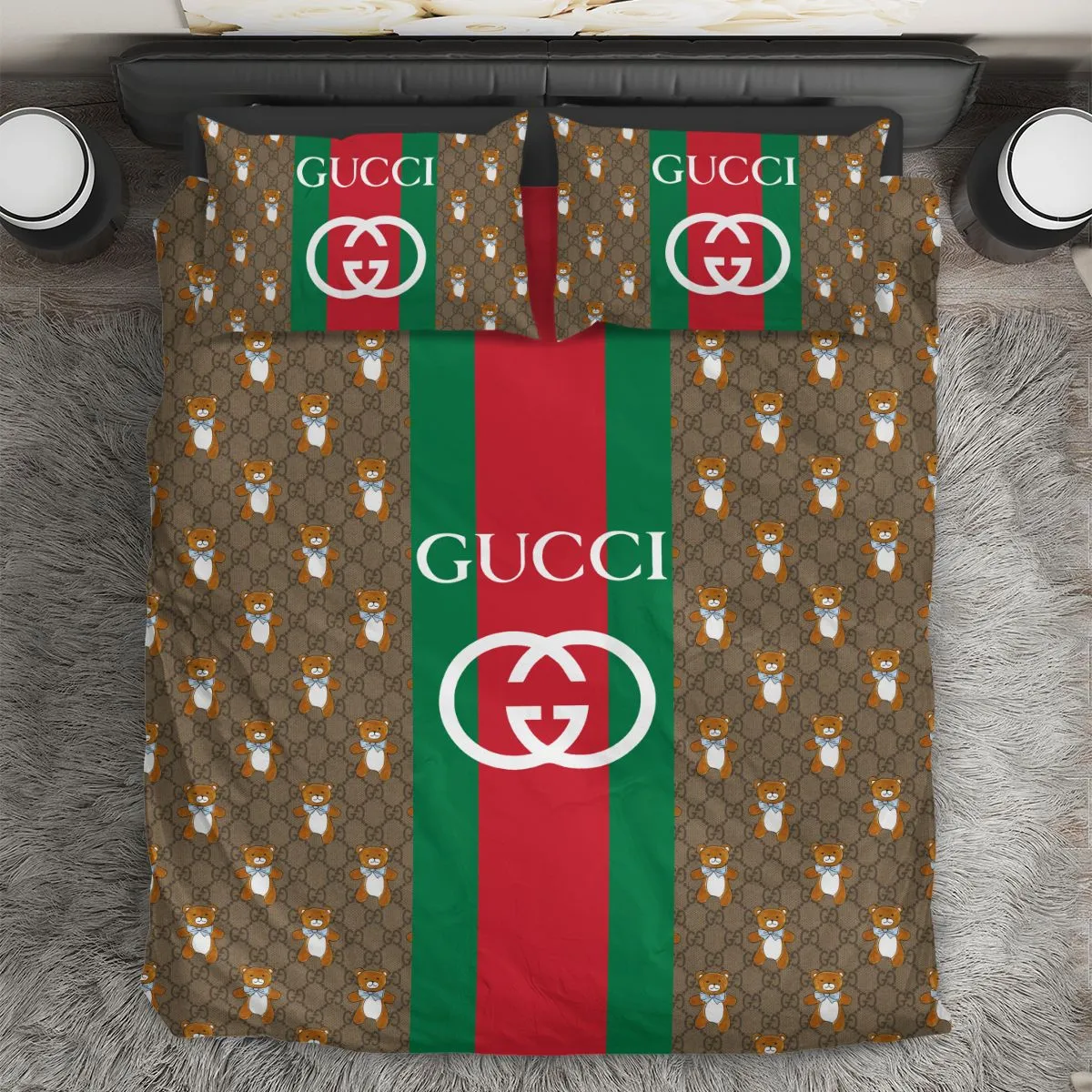 Gucci Bear Logo Brand Bedding Set Bedspread Bedroom Luxury Home Decor