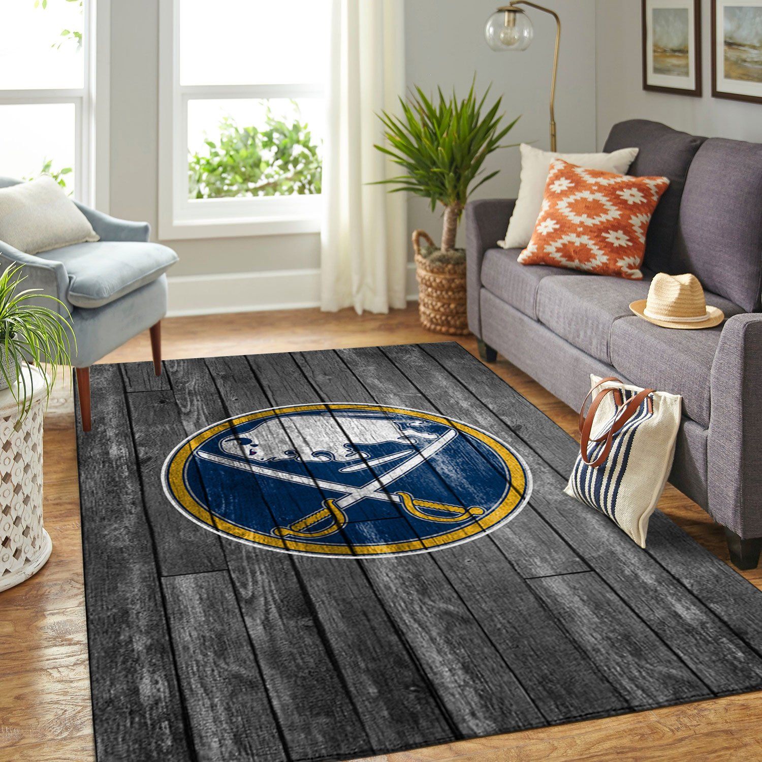 Buffalo Sabres Nhl Team Logo Grey Wooden Type 7248 Rug Living Room Area Carpet Home Decor